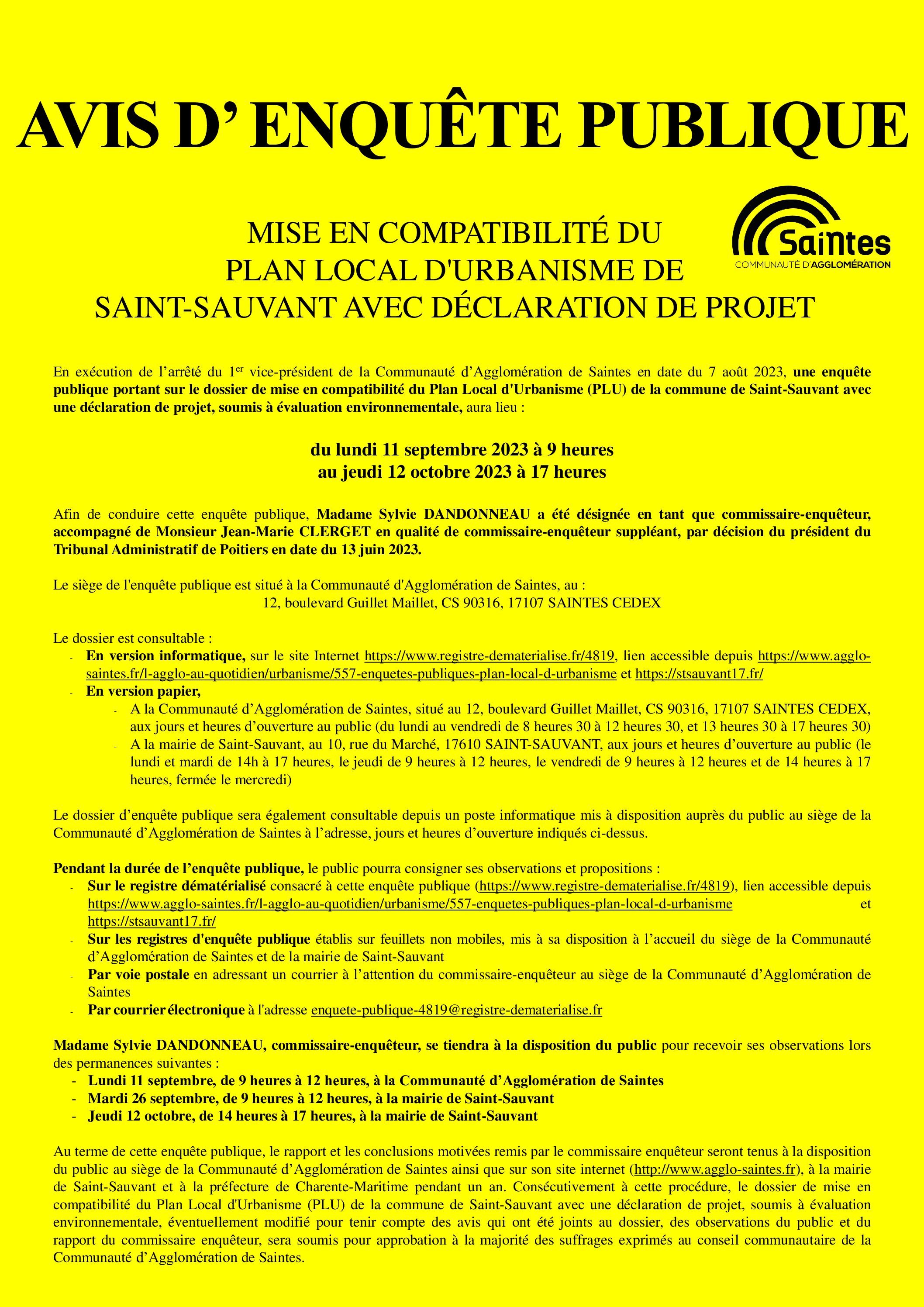 AVIS D’ENQUETE PUBLIQUE – Mise en compatibilité du Plan Local d’Urbanisme (PLU) de Saint-Sauvant